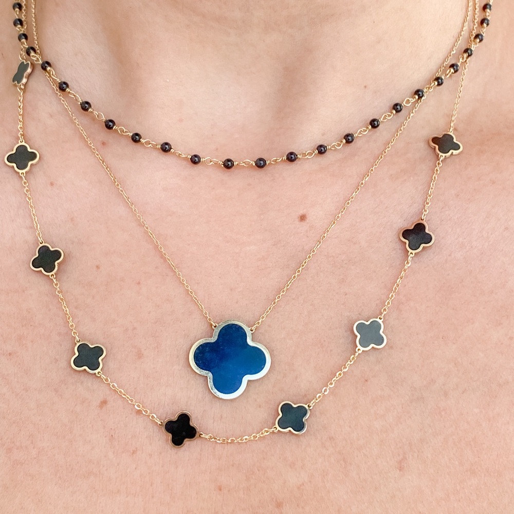 14K Yellow Gold Onyx Clover Station Necklace - Picture 8 of 9